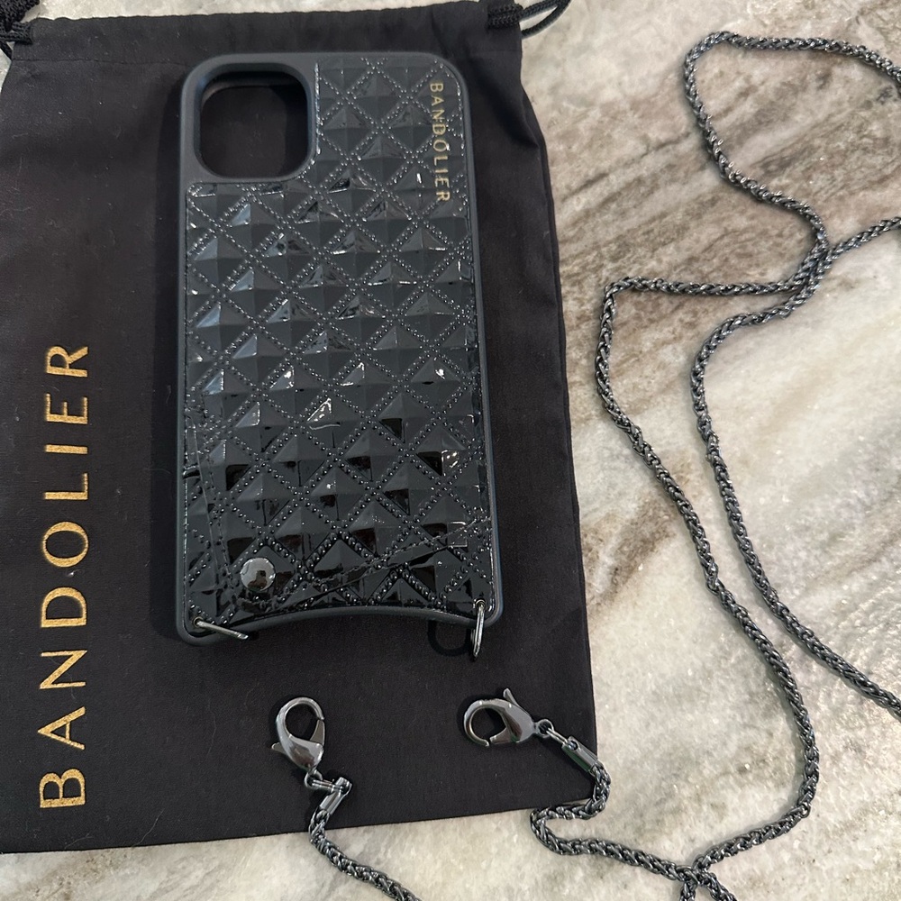 Bandolier phone case for iPhone 11 with black snake chain.